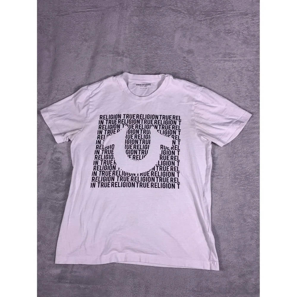 True Religion Horseshoe Logo Repeat Print Mens S White T-Shirt Short Sleeve